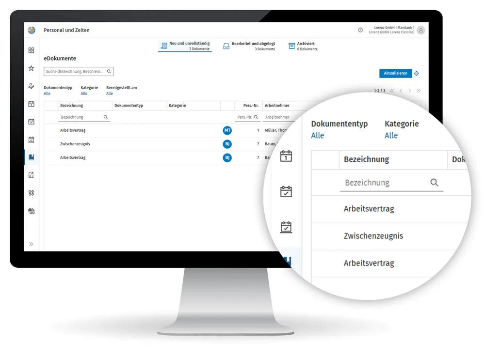 Addison OneClick: Liste der eDokumente einer Personalakte mit Arbeitsvertrag und Zwischenzeugnis
