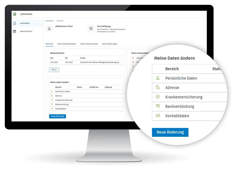 Addison OneClick: der Lohnordner eines Mitarbeiters mit Abwesenheiten und dem Bereich „Meine Daten ändern“