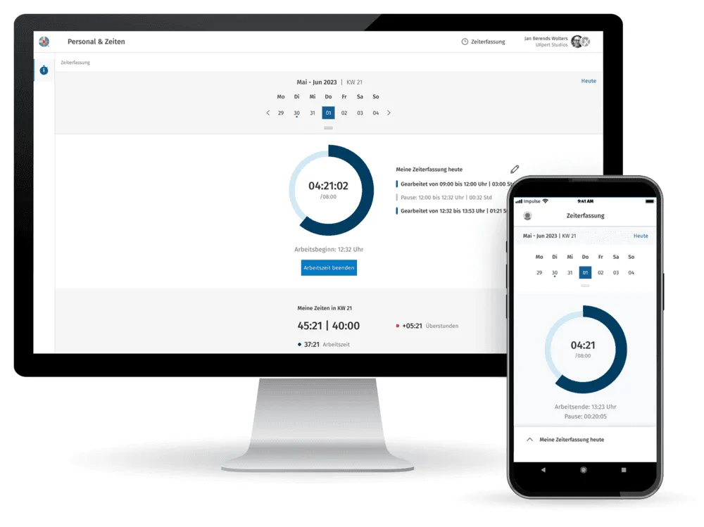 Addison OneClick: Zeiterfassung am Rechner und in der Mitarbeiterapp, mit Wochensaldo und Überstunden